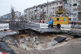 Aftermath of Russian ballistic missile attack on Kyiv